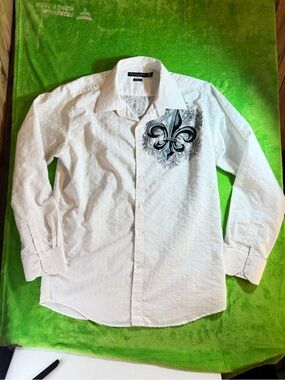Premium Culture Italy Mens XL White Fleur de Lis Y2K Affliction Style Shirt